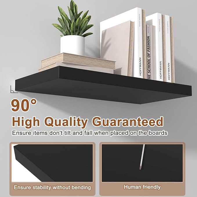 Large Floating Shelves for Wall 24" W x 12" D x 1.2" H Deep Floating Shelves 1 Pack Floating Shelf Large Storage Space Wall Mount Shelf for Living Room Kitchen Bathroom Black