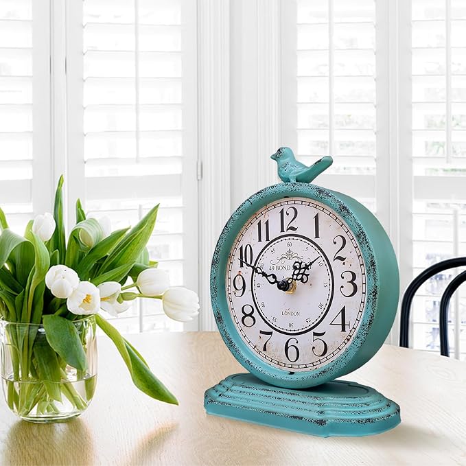 HZDHCLH Vintage Table Clock with Bird,Retro Mantel Clock Battery Operated,Metal Clock for Living Room Shelf Desk Table Fireplace Decor (Green)