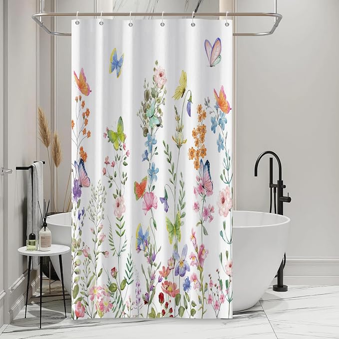 Spring Floral Butterfly Shower Curtain Summer Colorful Wildflowers Botanical Shower Curtain for Rustic Vintage Bathroom Decor Easter Shower Curtain Set 36x72 Inches