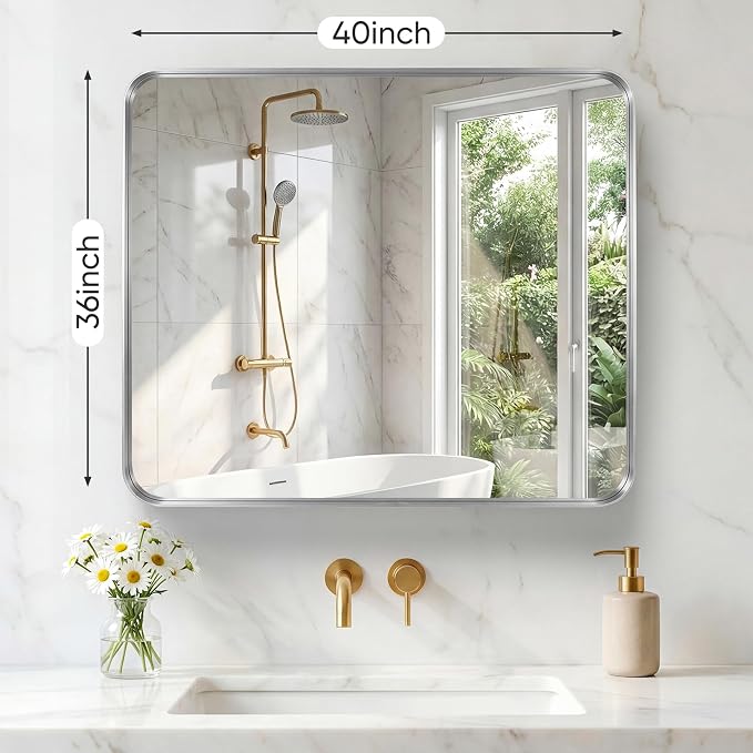 NEWBULIG 36X40 Inch Bathroom Mirror for Over Sink, Wall Vanity Mirrors Tempered Glass, Anti-Rust Metal Framed Rounded Rectangle, Hangs Horizontally or Vertically, Farmhouse Home Decor, Silvery