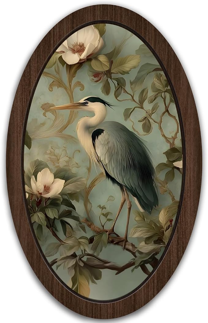 UYIKG Vintage Bird Oval Framed Wall Art,Cottagecore Floral Heron Oval Wall Decor,Rustic Farmhouse Blue Heron Art Wooden Framed Decor for Home Bedroom Living Room Reading Room Kitchen 9x14.6 in