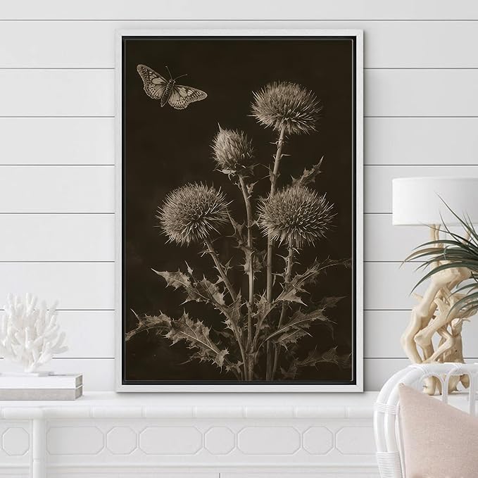 Woodrose Framed Canvas Print Wall Art Sepia Botanical Thistle with Butterfly Vintage Illustrations Modern Art Minimalist 3D Colorful Ultra for Living Room, Bedroom, Office - 24"x36" WHITE