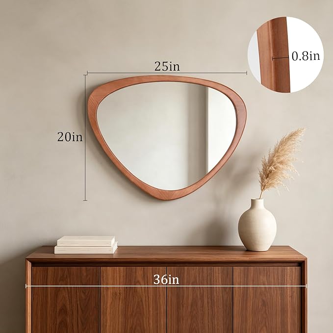 HOMECOOKIN 20" H x 25.5" W Asymmetrical Mirror, Irregular Wooden Wall Mirror for Bedroom, Living Room,Entryway– Boho Mid Century Modern Decorative, Solid Wood Frame, Pebble Shaped Design (Walnut)