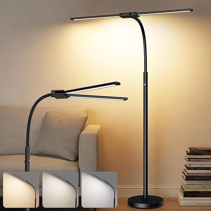 Rechargeable Cordless Floor Lamp with Battery 8000mAh, 15W Dual Head Adjustable Gooseneck LED Reading Lamp, Bright Floor Standing Light for Home, IP54 Rated