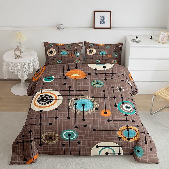 Erosebridal Geometric Grid Bedding King Brown Minimalism Comforter Set, Mid Century Duvet Insert Retro Atomic Down Comforter, Rainbow Circles Black Lines Bedding Comforter Sets Abstract Room Decor