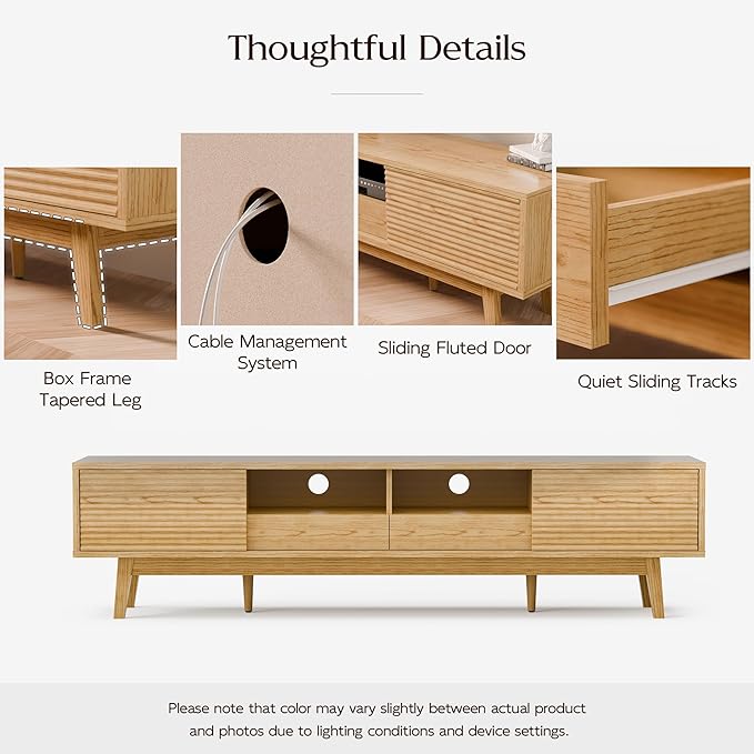 TOLEAD 70" TV Console, Mid Century Modern Media Console for 55/65/75 Inch TV, Low Profile TV Stand with Fluted Sliding Doors, Boho Light Wood Credenza for Living Room, Oak