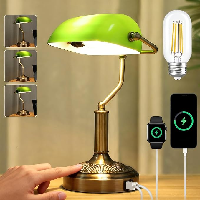 Vintage Bankers Lamp, Green Glass with Antique Brass Finish, USB & Type-C Charging Ports, 3-Way Dimmable Touch Control Desk Lamp for Home Office, Piano, Library (Brass+Green)
