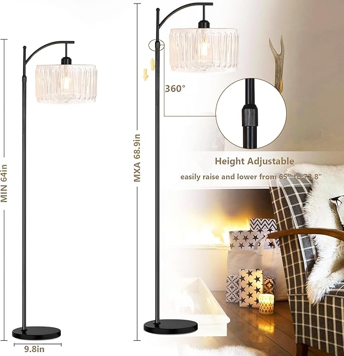 ILLMTW Arc Floor Lamp for Living Room,Bedroom,Glass Standing Lamp with Remote Dimmable,Mid Century Modern White Tall Floor Lamps Boho Black Vintage Floor Light Bohemian