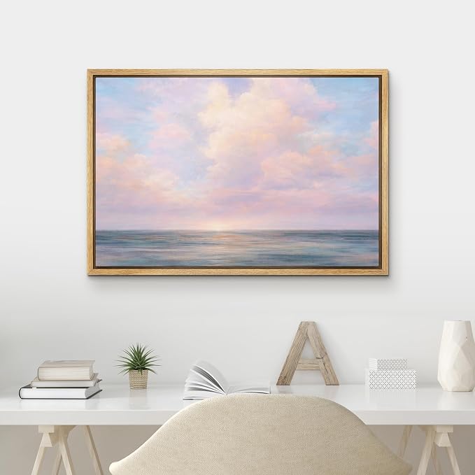 MUDECOR Framed Canvas Print Wall Art Serene Ocean Horizon with Soft Pink Clouds Illustrations Minimalism Decorative Bohemian Zen for Living Room, Bedroom, Office - 24"x36" NATURAL