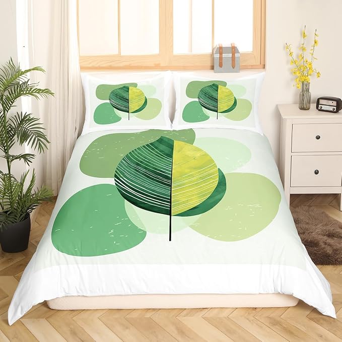 Erosebridal Green Modern Comforter Cover Mid Century Bed Set, Hippie Minimalist Duvet Cover King Size Abstract Leaves Bedding Sets, Aesthetic Geometric Bedspread Cover White Bedroom Decoration