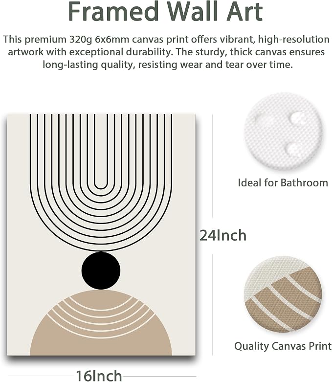 HesenDot Abstract Geometric Wall Art Set of 3, 40x60CM Minimalist Line Framed Canvas Prints, Boho Modern Beige Black Shapes Wall Decor for Living Room Bedroom Bathroom Office Home