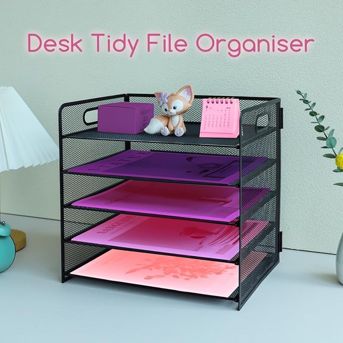 5 Tier Lettrer Tray Organizer with Handle, Metal Mesh Desk File Organizer with Sliding Trays, Paper Sorter Desk for Home Office School, Black