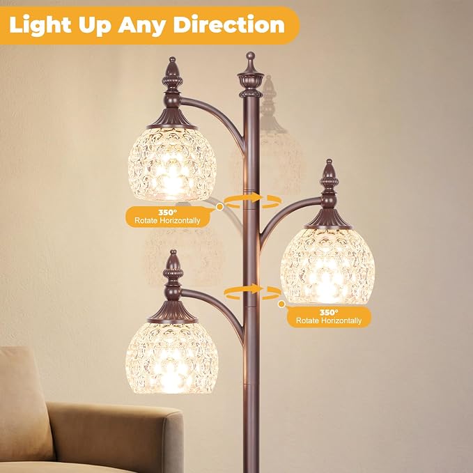JUNNAI Brown Floor Lamps for Living Room 66.5in Vintage Standing Lamp with Glass Shade 3 Way Brightness Lights Mid Century Modern Pole Lights Corner Lamp for Bedroom Office(Bulbs Included)