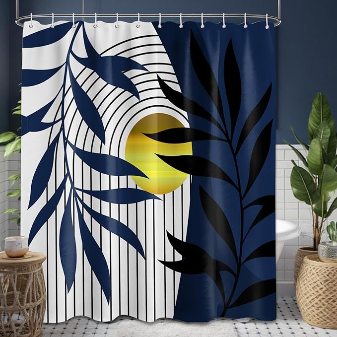 Boho Navy Blue Shower Curtain, Mid Century Modern Blue Shower Curtains for Bathroom Decor Set, Waterproof Fabric with Hooks, 70" W x 72" L