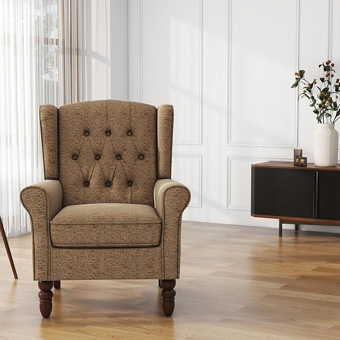 High Back Accent Chairs Set of 2, Fabric Upholstered Armchair Retro Wingback Arm Chair for Living Room, Comfy Single Sofa Bedroom Retro Reading Seat with Solid Wood Legs - Brown