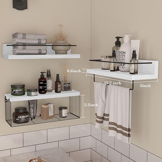 Bathroom Shelves Over Toilet for Wall, Floating Shelves with Storage Basket Paper Holer for Kitchen Living Room, Bedroom & Classroom, Set of 3 (White and Black)