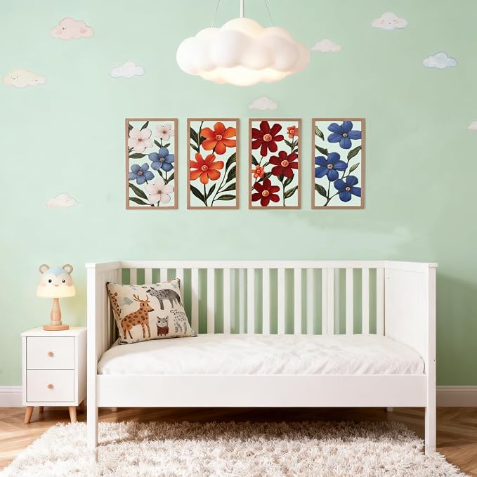 SHENGTIAN 4 Piece Boho Flower Wall Art - Geometric Wood Wall Art, Aesthetic Room Decor, Flower Market Art, Narrow Vertical Abstract Floral Art, Over Bed Wall Decor for Living Room Bedroom Office