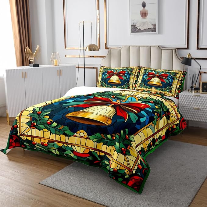 Christmas Bell Kids Bedspread Queen Size,Merry Christmas Bowknot Bow Tie Coverlet Set,Boys Girls Room Decor,Happy New Year Poinsettia Flower Quilted Coverlet,Red Xmas Bedding Quilt,2 Pillowcases