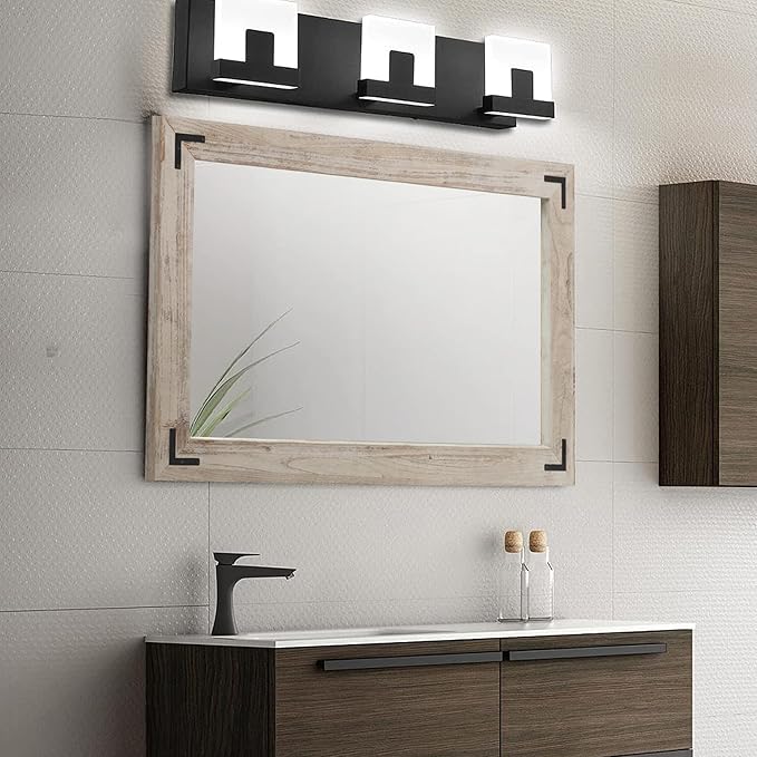 YOSHOOT Rustic Wooden Framed Wall Mirror, Natural Wood Bathroom Vanity Mirror for Farmhouse Decor, Vertical or Horizontal Hanging (40" x 26", White Grey)