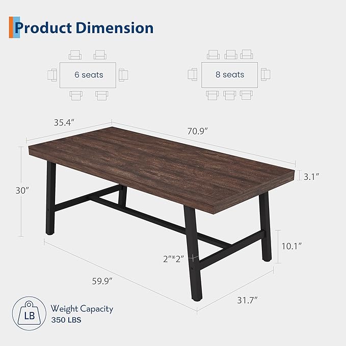 GarveeHome Industrial Dining Table for 6-8 People, 70.87" Long Wooden Kitchen Table with Sturdy Metal Frame & Finish, Seats 6 Rectangular Counter for Dinner, Kitchen, Dining Room-Rustic Birch