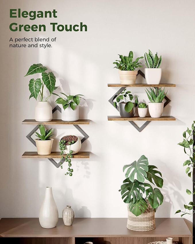 Bamworld Floating Shelves for Wall Planters for Indoor Plants Hanging Shelves Plant Holder Wall Decor Plant Stand Indoor for Plant Hangers Indoor for Living Room Bedroom Bathroom 2-Pack Brown Rhombus