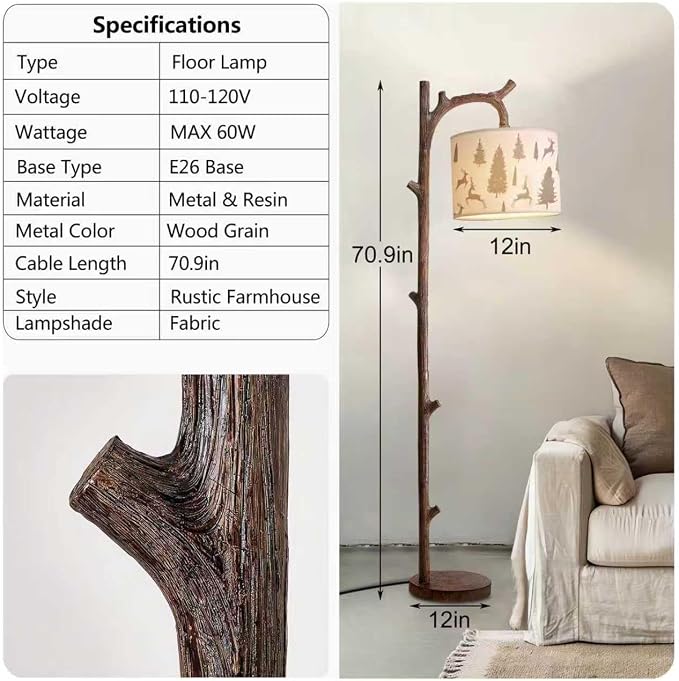 70" Farmhouse Rustic Floor Lamps for Living Room, Brown Vintage Tree Trunk Standing Tall Lamp Faux Wood with Fabric Drum lampshade, Vintage Reading Floor Light for Bedroom Office Hotel