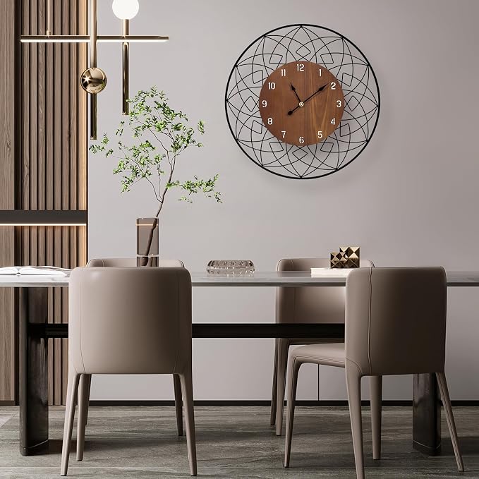 22 Inch Wood Wall Clocks, Silent Non Ticking Battery Operated Rustic Round Modern Decorative Clock for Living Room, Bedroom, Kitchen, Farmhouse, Office, Home Decor