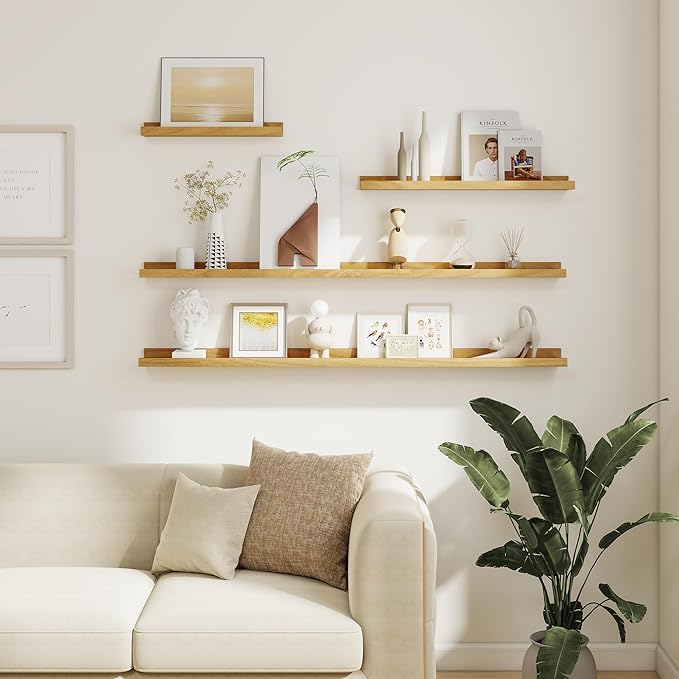 Picture Ledge Shelf Set of 6, 48 inch Long Large Floating Shelves for Wall with Lip, Wall Mounted Shelves for Living Room, Bedroom, Bathroom, Kitchen, Nursery,Oak