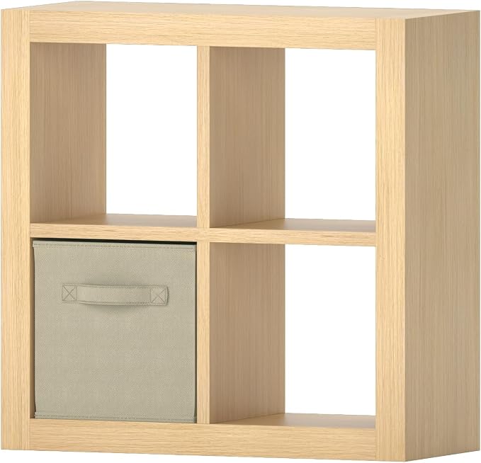 furtble Bookshelf with Storage Bin, 4-Cube Storage Organizer, Modern Wood Open Bookcase, Multifunctional Display Shelf for Living Room, Bedroom, Home Office, Oak