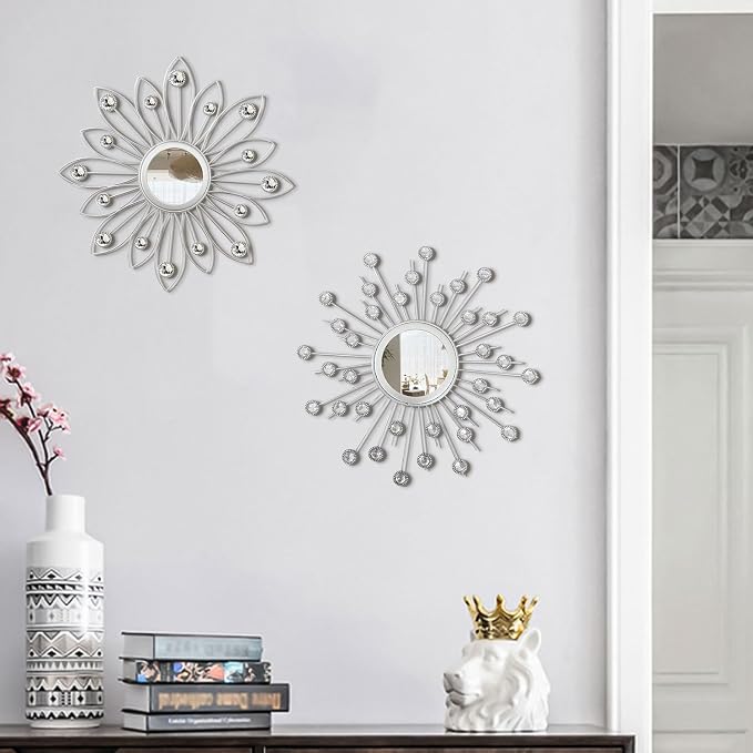 2 Pack Metal Mirrors for Wall Boho Sunburst Wall Mirror Home Decor Modern Decorative Wall Art for Bedroom Living Room Entryway