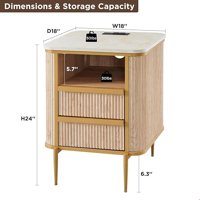 OKD Modern Chic Fluted Nightstand Set of 2 Luxury with Charging Station, End Table/Bed Side Table w/2 Drawers, Faux Marble Tabletop, Gold Metal Decor, Curved Edge Design, Natural Oak