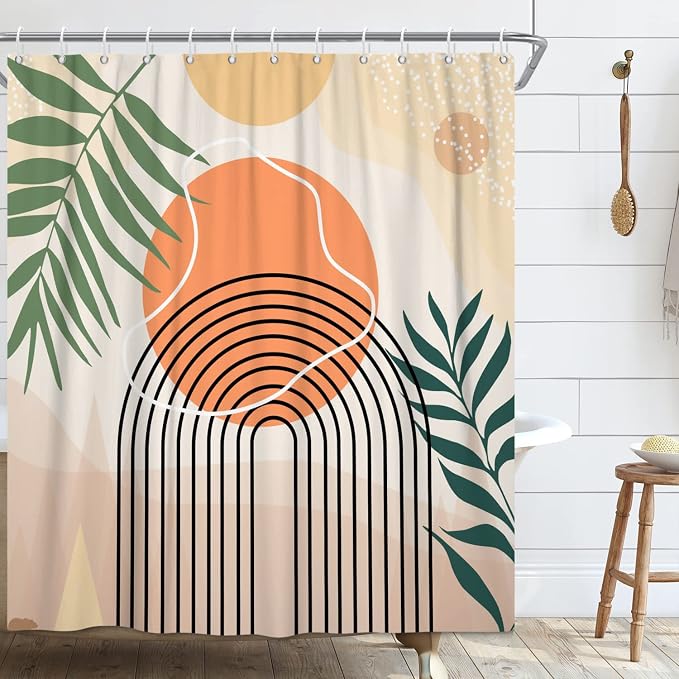 Mid Century Extra Long Shower Curtain, Abstract Boho Minimalistic Arch Sun Leaf Machine Washable Waterproof Fabric for Bathroom Bathtub Decor with Hooks 72Wx78H