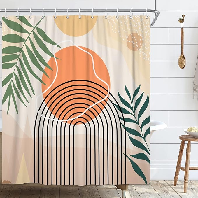 Boho Shower Curtain, Abstract Mid Century Modern Arch Sun Tropical Leaf Machine Washable Waterproof for Bathroom Bathtub with Hooks 72x72