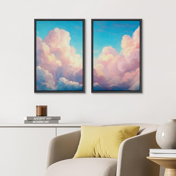 IDEA4WALL Framed Canvas Print Wall Art Set Pastel Sky Cloudscape Dreamy Pink and Blue Clouds Illustrations Modern Art Decorative Coastal Cottage Seascape for Bedroom - 16"x24"x2 BLACK