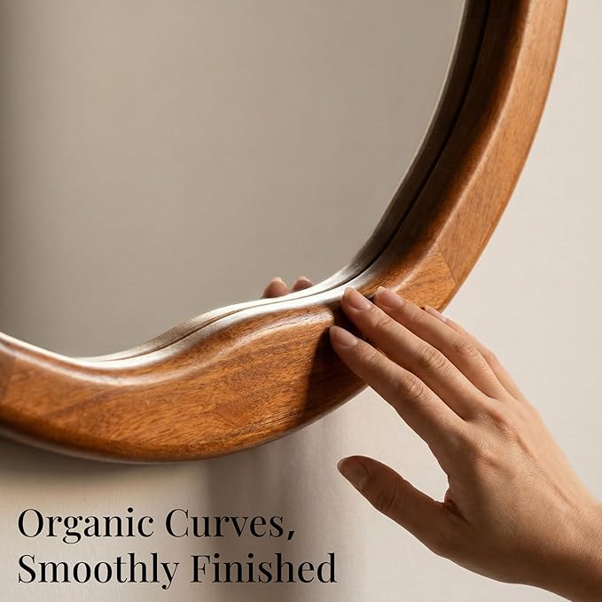 Round Walnut Mirror 30 Inch, Large Irregular Wavy Frame Wall Mirror for Living Room, Dining Room, Solid Wood Asymmetrical Mid Century Decor