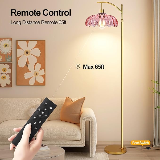 Pink Floor Lamp for Living Room,Bedroom,Glass Mid Century Modern Standing Lamp with Remote,Dimmable Gold Tall Lamp Vintage Arc Floor Lamps Flower Girls Kids Light Boho Bohemian