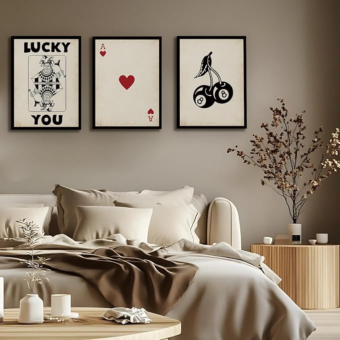 Poker Wall Art Lucky You Poster Set of 3, Trendy Retro Red Heart A Joker Prints Pictures for Living Room Wall Decor Rustic Vintage 8-Ball Pool Canvas Artwork for Bedroom Home Office Decoration 12x16"