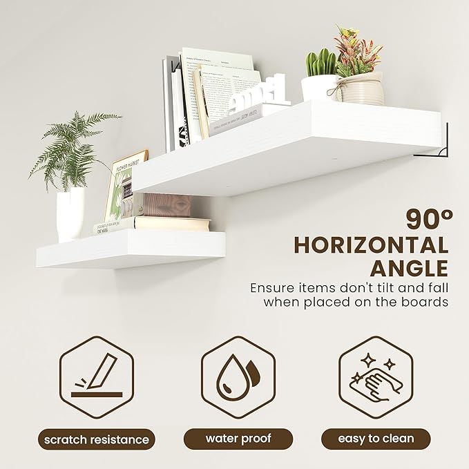 Deep Floating Shelves | 40 Inch White Floating Shelves Set of 2 | 12 Inch Deep Wood Wall Shelves | 40" W x 12" D White Shelves for Bathroom Living Room Kitchen Laundry Room
