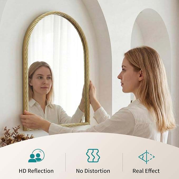 Large Vintage Arched Wall Mirror - 24"X36" Gold Rope-Like Metal Framed Mounted Mirror for Wall Decor, Vanity Mirrors for Bathroom, Living Room, Bedroom, Fireplace