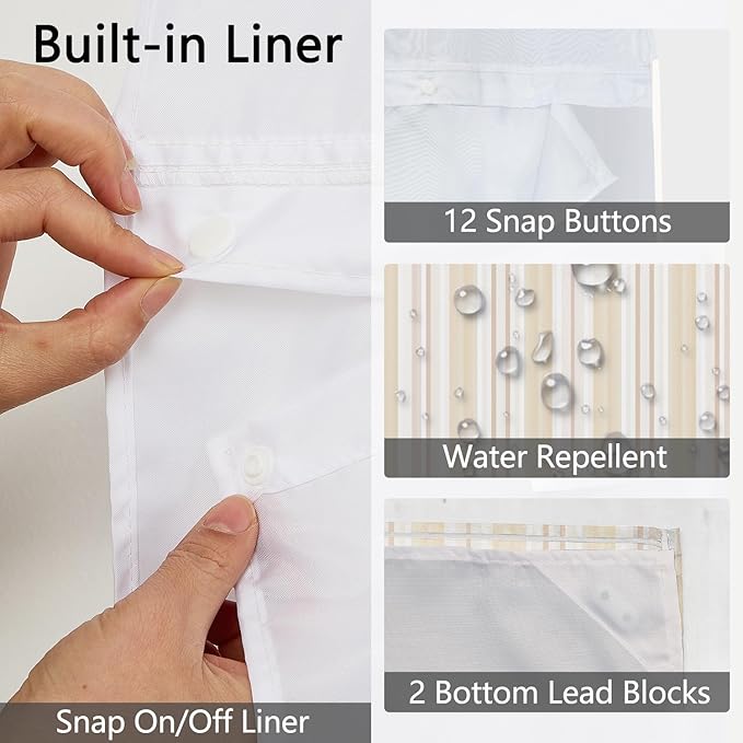 No Hook Shower Curtain with Snap in Liner, Beige Striped Shower Curtains for Minimalist Modern Bathroom, Waterproof Cloth Fabric with Mesh Top Window, 71x74 Inch
