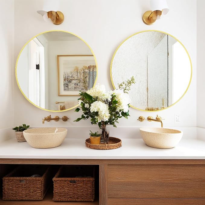Sunniry Gold Round Mirror 24 inch, 2 Pack Gold Circle Mirror, Round Wall Mirrors Metal Frame for Bathroom, Bedroom, Living Room, Hallway.