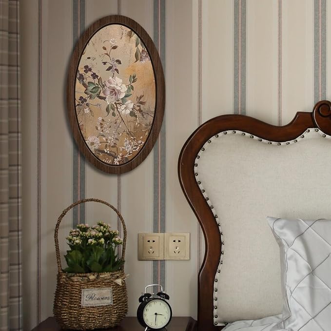 UYIKG Vintage Floral Oval Framed Wall Art Decor,Floral Botanical Oval Wooden Wall Decor,Rustic Farmhouse Cottage Core Wooden Framed Decorations for Theme Room Bedroom Living Room Home Office 9x14.6 in