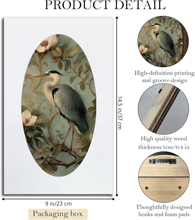 UYIKG Vintage Bird Oval Framed Wall Art,Cottagecore Floral Heron Oval Wall Decor,Rustic Farmhouse Blue Heron Art Wooden Framed Decor for Home Bedroom Living Room Reading Room Kitchen 9x14.6 in