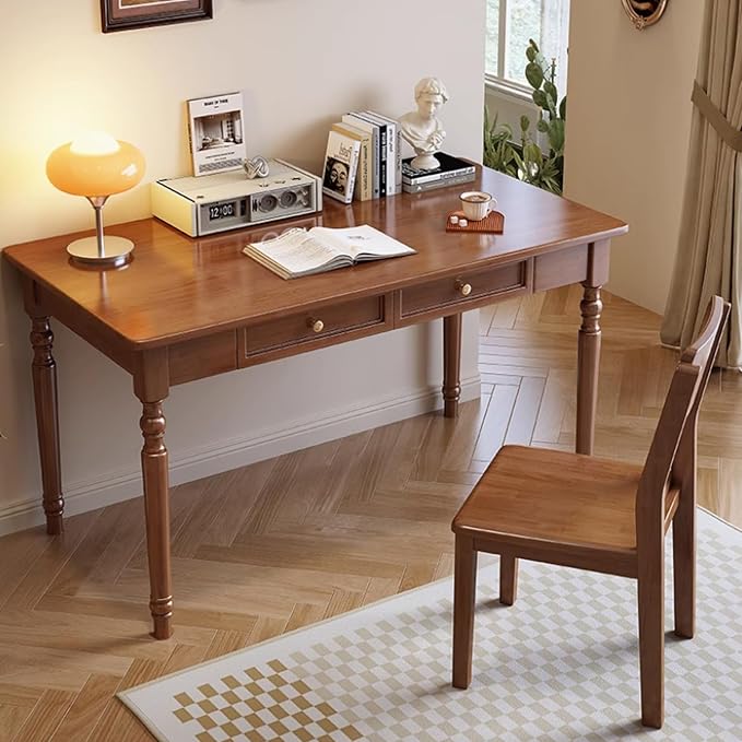 Mid Century Modern Desk, Rubber Wood Desks with Drawers, Solid Wood Computer Workstation with Carved Legs, Simple Style Writing Table (Walnut, 31.5 * 23.6 * 29.5in)