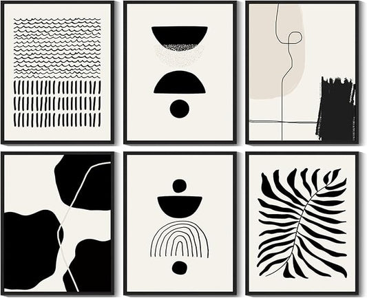 KUVIOKE Black Abstract Framed Wall Art Boho Room Decor Set of 6 Minimalist Geometric Line Art Bohemian Mid Century Modern Prints for Bedroom Living Room 8x10in (Black Framed)