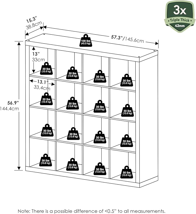 Furinno Cubicle Book Shelf, 16-Cube Bookshelf, Triple Thick Frame Cube Storage Organizer, 1.65" Bookcase, 15.4" x 57.4" x 56.9", for Home Office, Living Room, Plain White