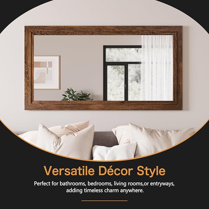 Rustic Wall-Mounted Vanity Mirror, Solid Wood Frame Bathroom Mirror, Farmhouse Style for Living Room, Bedroom, Entryway, Horizontal/Vertical Hanging