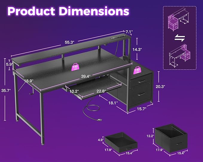 AODK Computer Desk with Drawers, 55" Office Desk with Keyboard Tray and Power Outlet, Reversible Study Work Desk with Printer Space and File Drawers Cabinet for Home Office, Black