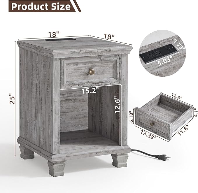 Farmhouse End Tables Living Room with Drawer, Rustic Wood Nightstand with Charging Station, Bedside Table with Open Shelf for Bed Room, Living Room, Grey