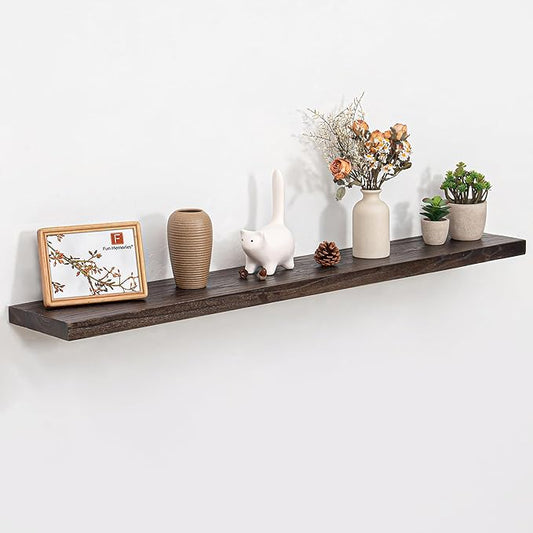 Fun Memories 48" Floating Shelves for Wall, Rustic Solid Elm Wood Floating Shelves - Invisible Bracket Mount, Extra Long Wall Mounted Shelf for Living Room, Bathroom, Bedroom, Kitchen, Walnut